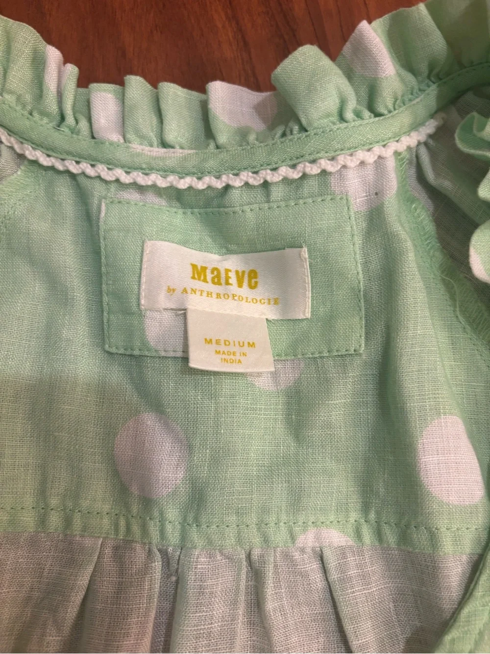 Maeve Anthropologie Audie Linen Puff Sleeve Blouse Lime Green White Dot Medium